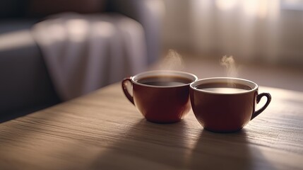 Two Steaming Coffee or Tea Cups in a Cozy Home