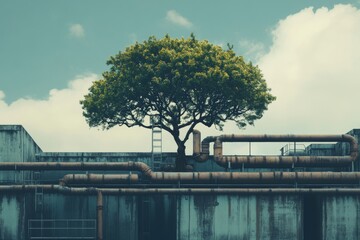 A lone tree thrives from the top of an industrial structure, highlighting a unique blend of nature and urban life under a serene sky with wispy clouds.