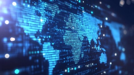 Digital world map displayed with binary code illustrating global connectivity and technology advancement