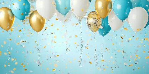 A festive background with blue, gold, and teal balloons floating against a light sky-blue backdrop The scene is filled with confetti for celebration Generative AI