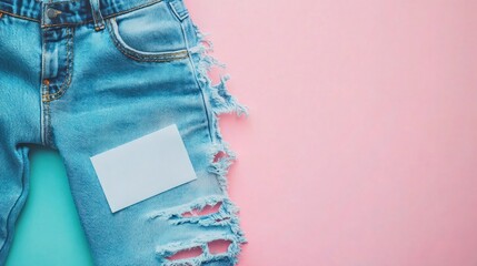 Ripped denim jeans with blank card