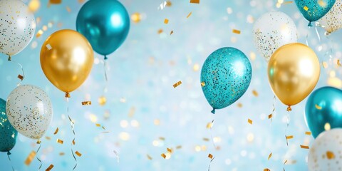 A festive background with blue, gold, and teal balloons floating against a light sky-blue backdrop The scene is filled with confetti for celebration Generative AI