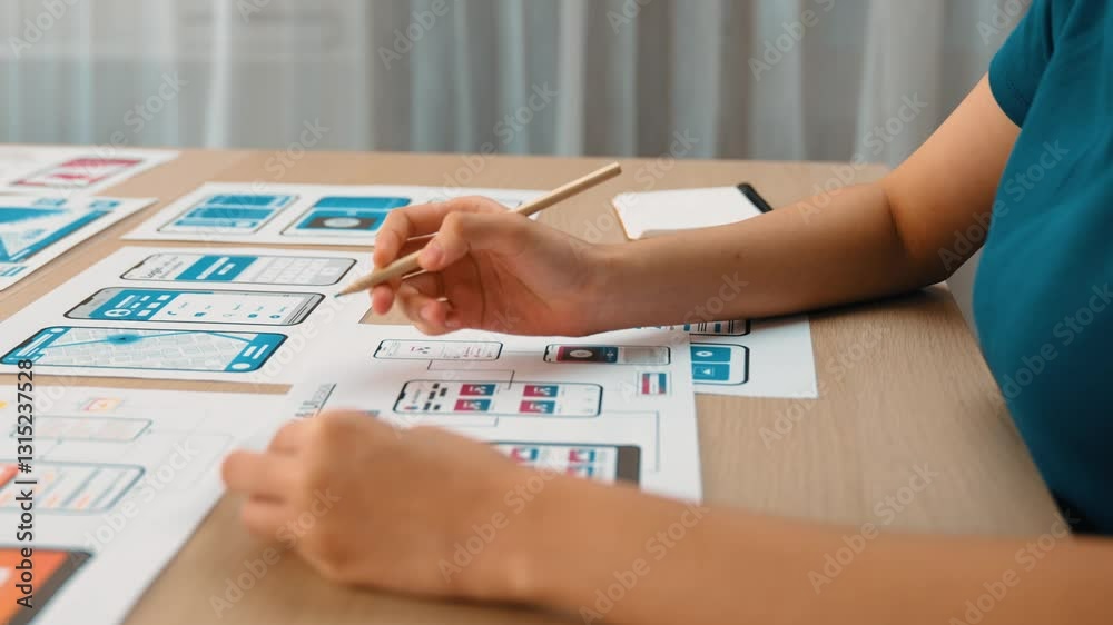 Poster panorama video of startup ux developer or company employee design user interface or ui prototype for