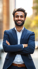 Happy confident rich successful indian business man leader,  crossing arms looking at camera posing outside in big urban city.