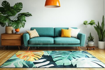 Teal sofa in living room with tropical rug.