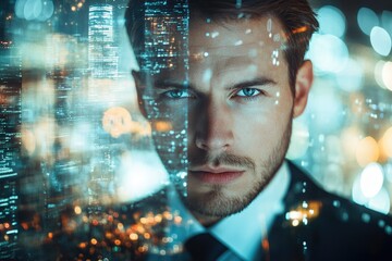 A man's face superimposed over a cityscape at night, symbolizing technology and urban life.