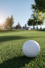 Fototapeta premium Closeup view of golf ball on green grass lawn