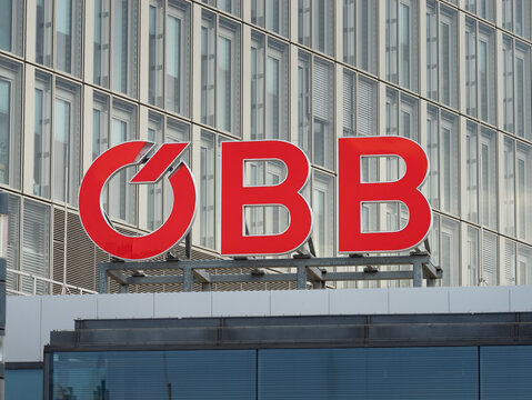 VIENNA, AUSTRIA - 1. August 2024: &Ouml;BB logo sign of the state-owned company &Ouml;sterreichische Bundesbahnen (Austrian Federal Railways). Central station building entrance.