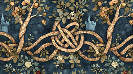 A celtic mythology-inspired pattern featuring magical knots, enchanted forests, and fairies. Enchanted - Castle. Illustration
