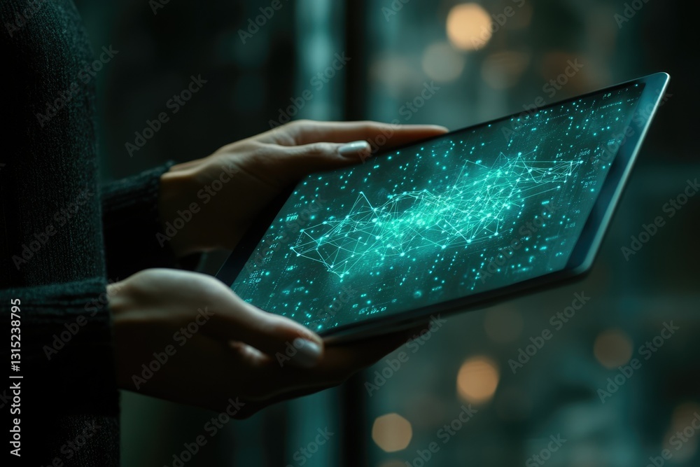 Aufkleber A person holds a tablet displaying a network visualization, showcasing data connectivity and digital transformation.