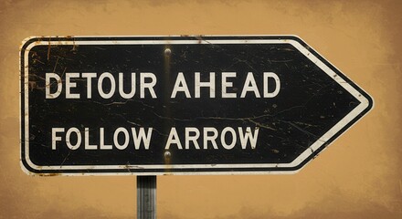 Detour Ahead Sign with Arrow Guiding Direction on Road
