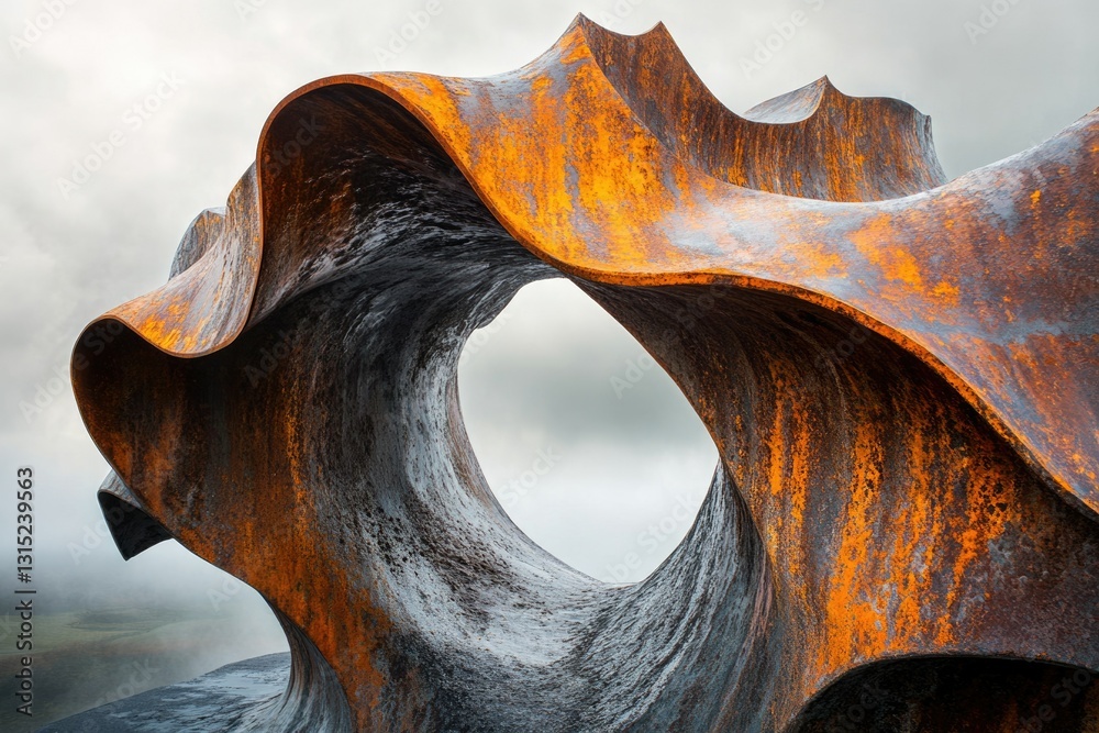 Poster Abstract rusty metal sculpture with a hole, creating a dynamic and evocative form against a cloudy sky.
