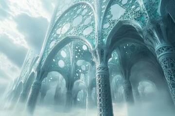 An ethereal, otherworldly structure of intricate, teal latticework arches and columns rises into a misty sky.