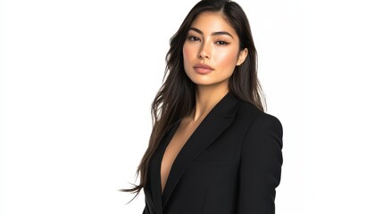 A female model in a chic black blazer and high-waisted pants, confidently looking into the camera on a white isolated background