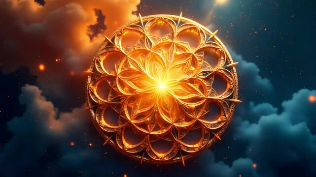 Golden Mandala in the Sky: A radiant golden mandala floats majestically amidst a dreamy, cloud-filled sky, radiating light and spiritual energy.