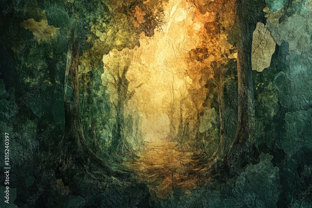 Poster a mystical forest path bathed in warm light, trees create an enchanted, textured ambiance.