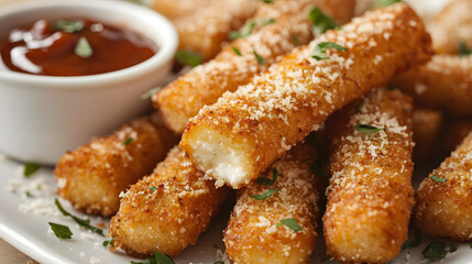 Mozzarella sticks with a crunchy breadcrumb coating, golden and served with a spicy dipping sauce for a fiery flavor.