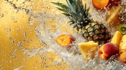 In the water, there is an orange peach and a pineapple in it, splashing with clear bubbles. The background of light amber water features water droplets. This scene presenting vitality and freshness.