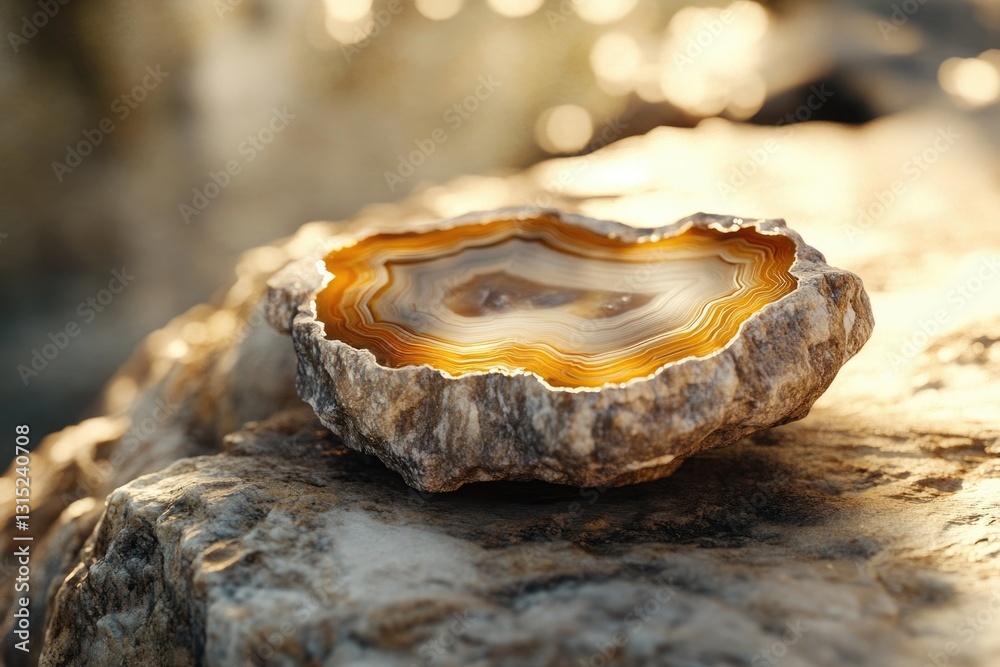 Poster a mesmerizing agate geode slice displays its intricate, banded pattern in warm, golden hues, resting