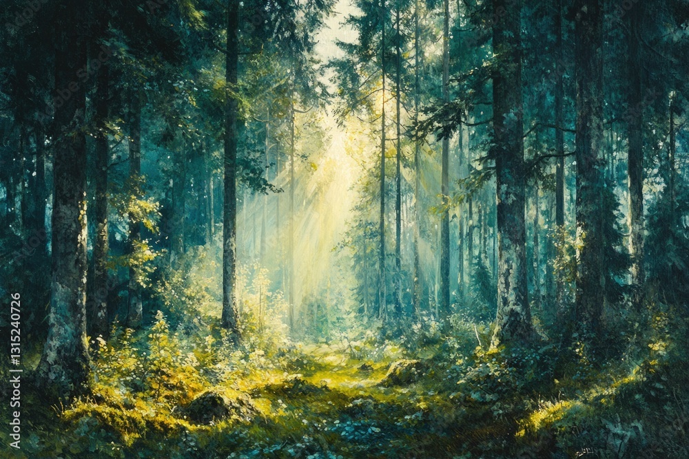 Poster sunbeams pierce a mystical forest, illuminating a path through tall trees and lush undergrowth.