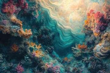 Obraz premium Vibrant underwater scene showcasing diverse coral reefs and swirling turquoise waters.