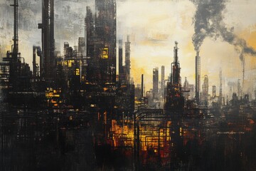 Fototapeta premium This abstract artwork depicts an industrial landscape featuring towering smokestacks and city structures, capturing the essence of urban energy and pollution.