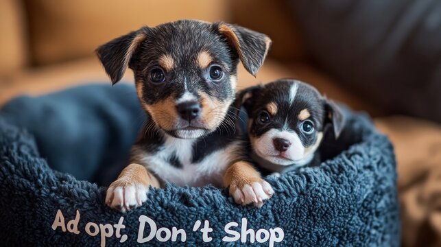 Bold call to action for adopting pets with puppies promoting adoption awareness