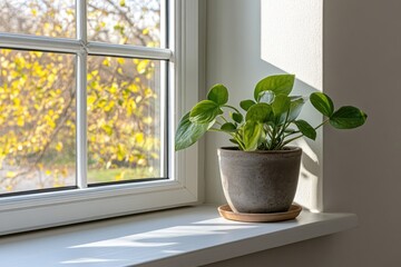 Fototapeta premium Potted Plant on a Windowsill with Sunlight Streaming In