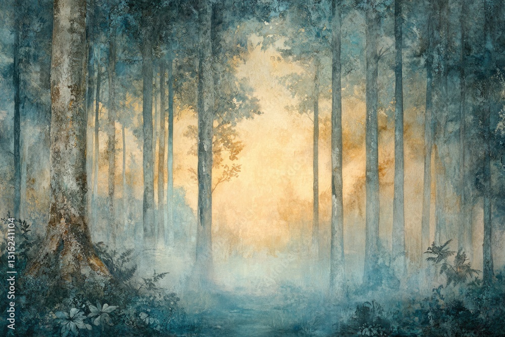 Poster misty forest path at dawn, serene and tranquil ambiance, soft light filtering through tall trees.