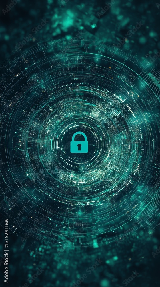 Poster abstract digital background featuring a padlock symbol at the center, surrounded by glowing data pat