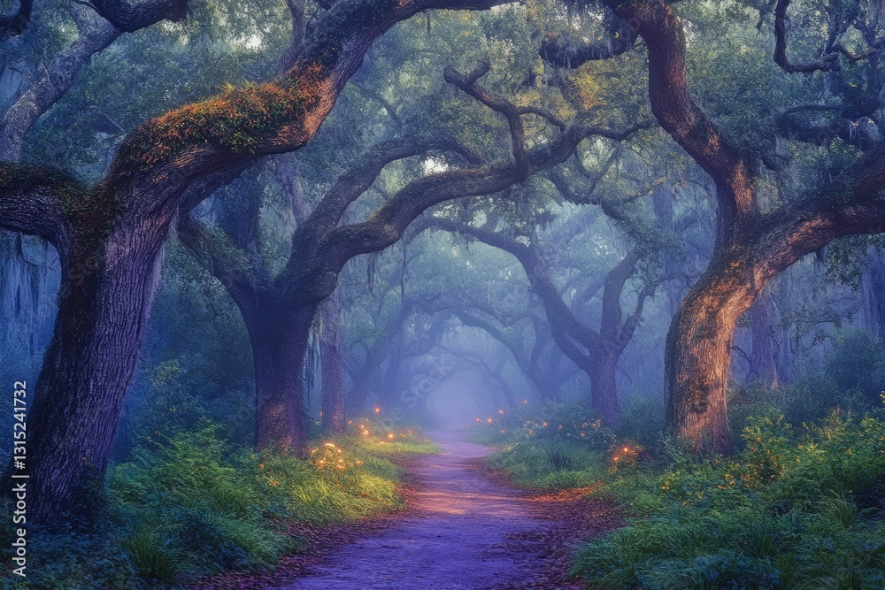 Poster Enchanted path through a mystical forest, bathed in ethereal light and fog, creating a magical atmosphere.