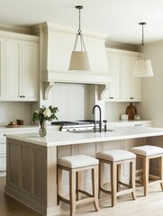 A well lit modern kitchen with an island countertop