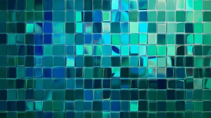 Abstract blue-green geometric mosaic pattern with reflective glass squares