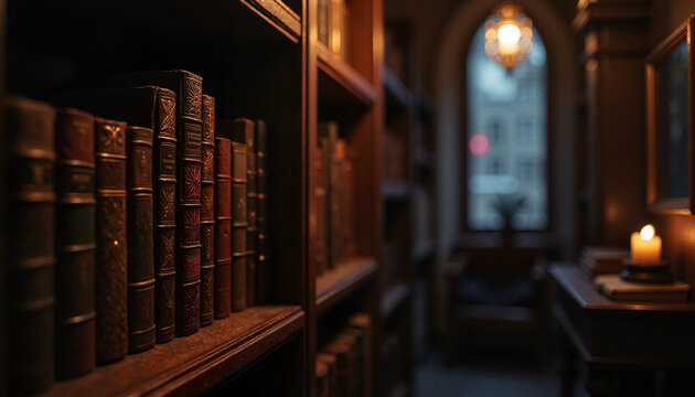 Moody Gothic library corner with antique books in a dimly lit cozy nook at night