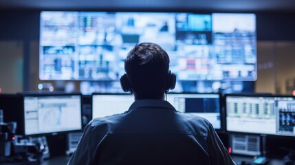 Security operator monitoring multiple screens in a control room.