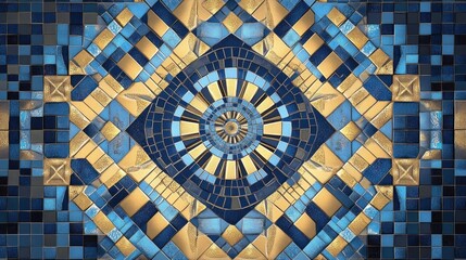 Fototapeta premium Intricate geometric mosaic with blue and gold tiles forming symmetrical pattern