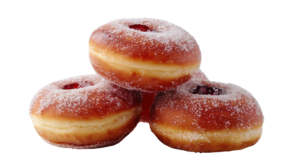 Three sugared donuts with jelly filling stacked on transparent background