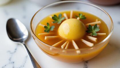 Dessert with lemon sorbet and garnishing in a glass bowl