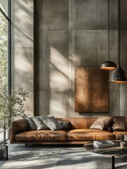 A modern interior featuring a comfortable leather couch and sunlight