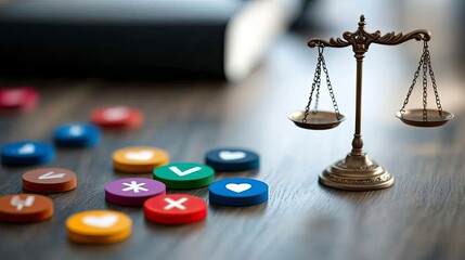 Justice scales beside colorful social media icons on wooden table.