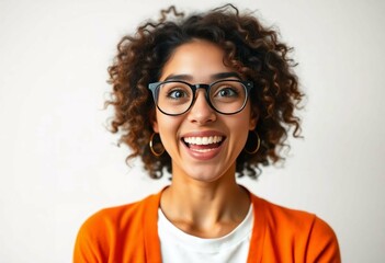 Young woman with curly hair, glasses, and orange cardigan
