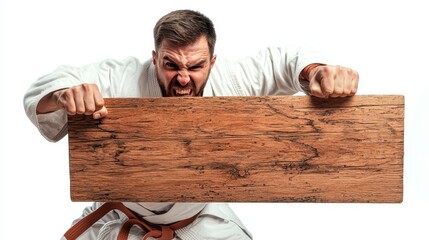 A martial artist breaking a wooden board with a powerful punch, demonstrating strength and technique, on a white isolated background
