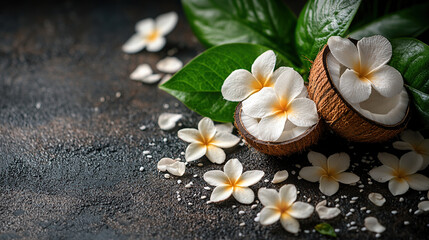 Fresh coconut halves with plumeria flowers