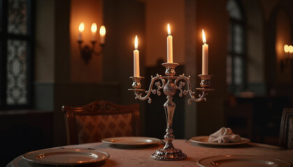Silver candelabra in a dim Gothic dining hall with flickering candlelight reflecting on silver
