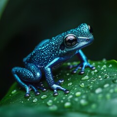 Obraz premium Vibrant blue poison dart frog perched on a dewy leaf.