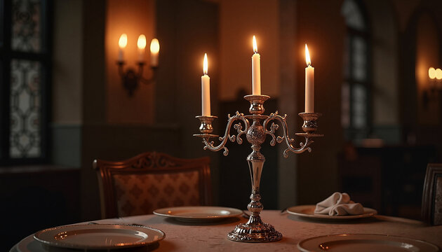Silver candelabra in a dim Gothic dining hall with flickering candlelight reflecting on silver