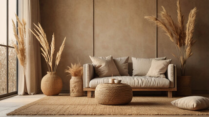 Wabi-sabi style living room interior mockup 