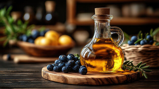 Golden olive oil in a glass decanter, surrounded by fresh fruit and herbs