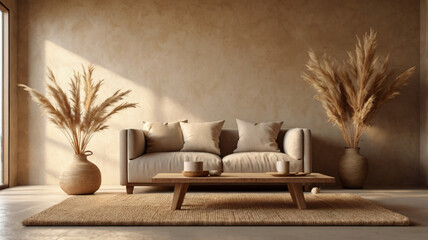 Wabi-sabi style living room interior mockup 