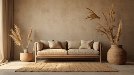 Wabi-sabi style living room interior mockup 